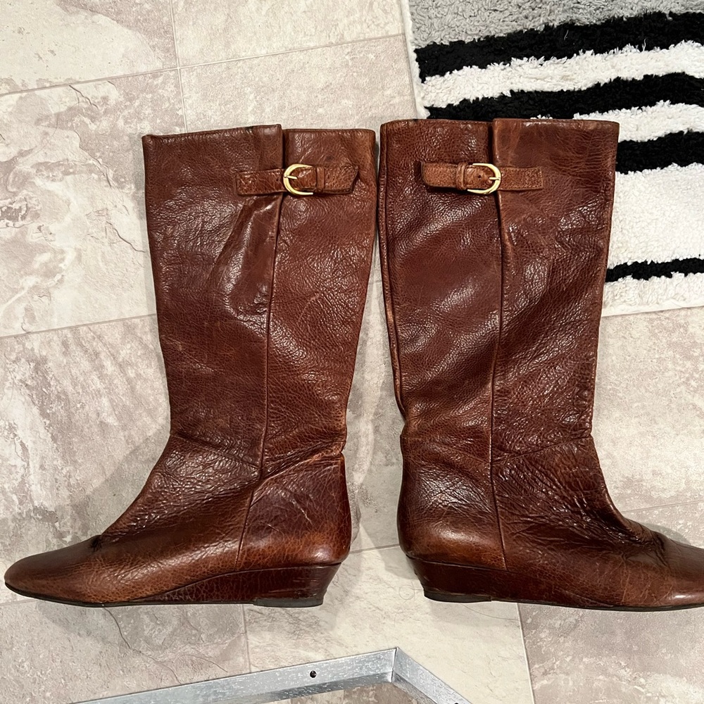Steven by Steve Madden INTYCE. Cognac mid calf wedge boot